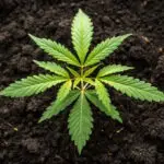 Closeup view of a young cannabis plant growing from seed in rich soil nature botanical environment macro perspective