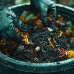 Hands mix colorful organic waste into a compost bin, creating nutrient-rich soil in a lush garden filled with autumn foliage.